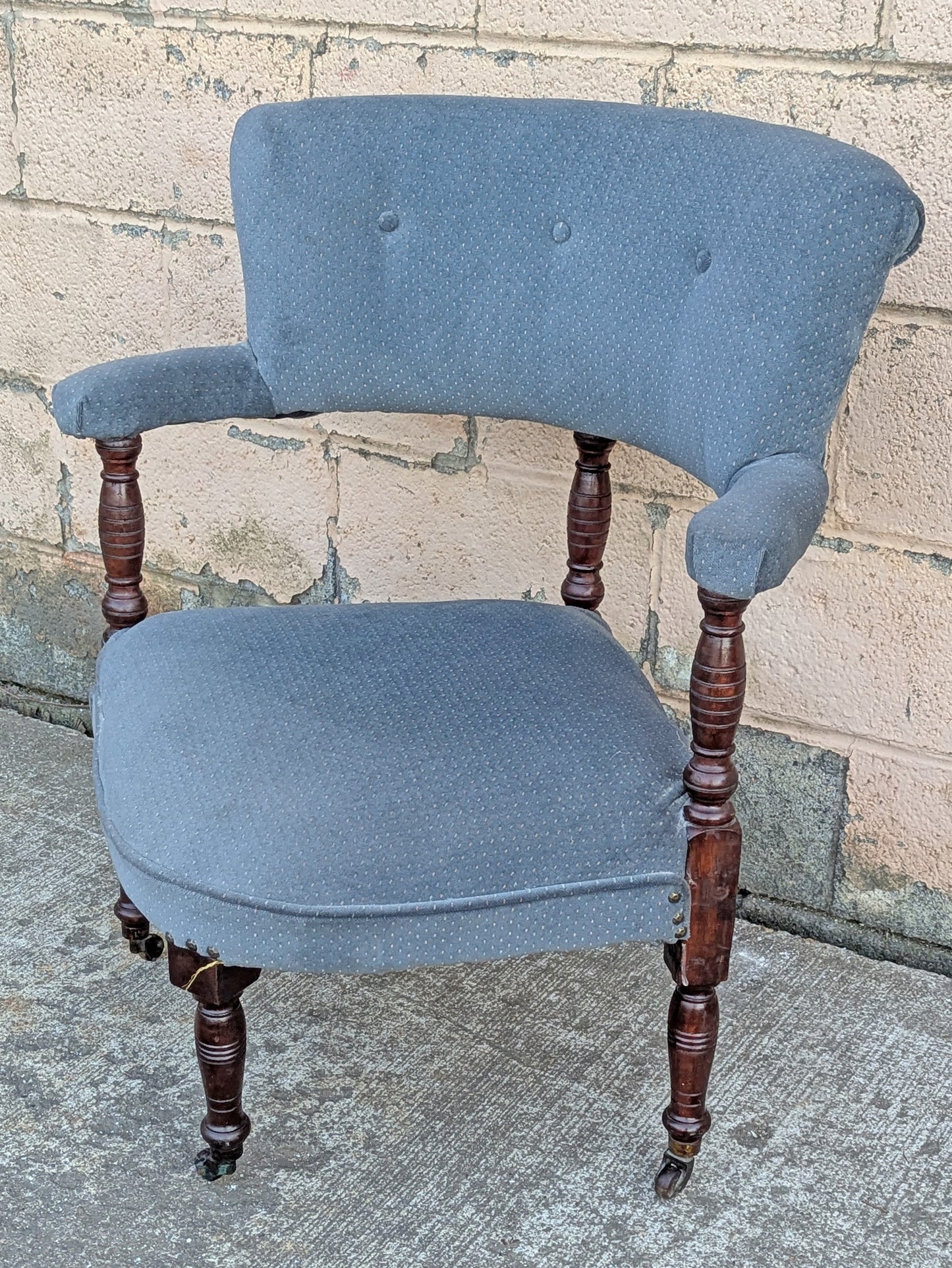 Antique Vintage Old Reclaimed Salvaged SOLID Hard Wood Wooden Fabric Upholstery Upholstered Armrest Armchair Side Lounge Seat Corner Tub Barrel Cushion Chair