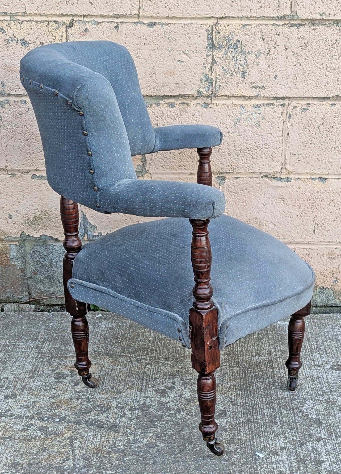 Antique Vintage Old Reclaimed Salvaged SOLID Hard Wood Wooden Fabric Upholstery Upholstered Armrest Armchair Side Lounge Seat Corner Tub Barrel Cushion Chair