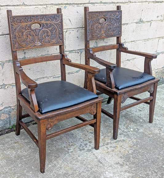 Pair Antique Vintage Old Reclaimed Salvaged Gothic Style SOLID Oak Wood Wooden Side Dining Accent Chairs Fabric Upholstered Cushion Seat