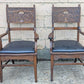 Pair Antique Vintage Old Reclaimed Salvaged Gothic Style SOLID Oak Wood Wooden Side Dining Accent Chairs Fabric Upholstered Cushion Seat