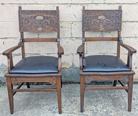 Pair Antique Vintage Old Reclaimed Salvaged Gothic Style SOLID Oak Wood Wooden Side Dining Accent Chairs Fabric Upholstered Cushion Seat