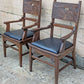Pair Antique Vintage Old Reclaimed Salvaged Gothic Style SOLID Oak Wood Wooden Side Dining Accent Chairs Fabric Upholstered Cushion Seat