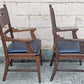 Pair Antique Vintage Old Reclaimed Salvaged Gothic Style SOLID Oak Wood Wooden Side Dining Accent Chairs Fabric Upholstered Cushion Seat