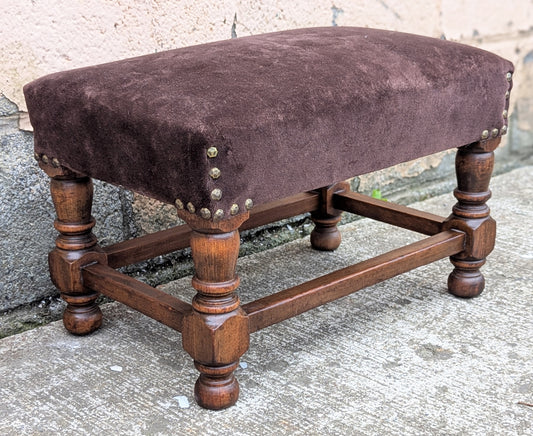 Vintage Antique Old Reclaimed Salvaged SOLID Wood Wooden Kneeling Bench Foot Stool Ottoman Stand Seat Brown Fabric