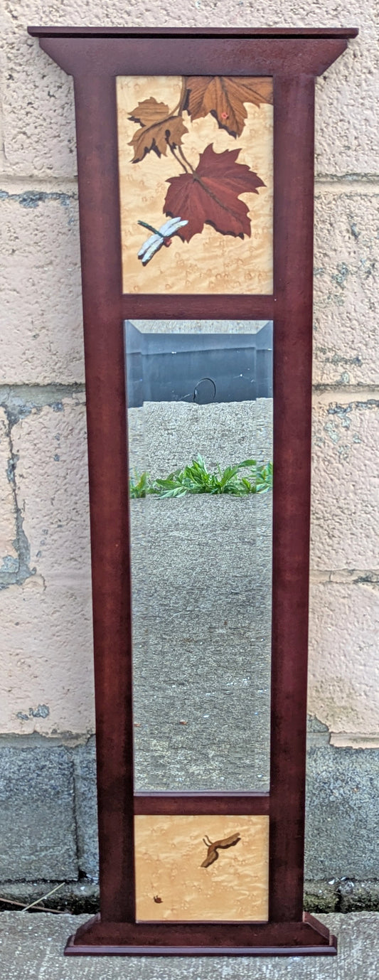 39"H Vintage Old Reclaimed Salvaged Handmade Handcrafted Inlay Marquetry Exotic Precious Stones SOLID Wood Wooden Accent Decor Decoration Beveled Glass Wall Hanging Mirror