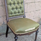 Antique Vintage Old Solid Hardwood Wooden Medallion Side Dining Lounge Accent Chair Upholstered Upholstery Tufted Green Fabric Seat Bergerie