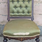 Antique Vintage Old Solid Hardwood Wooden Medallion Side Dining Lounge Accent Chair Upholstered Upholstery Tufted Green Fabric Seat Bergerie