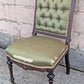 Antique Vintage Old Solid Hardwood Wooden Medallion Side Dining Lounge Accent Chair Upholstered Upholstery Tufted Green Fabric Seat Bergerie