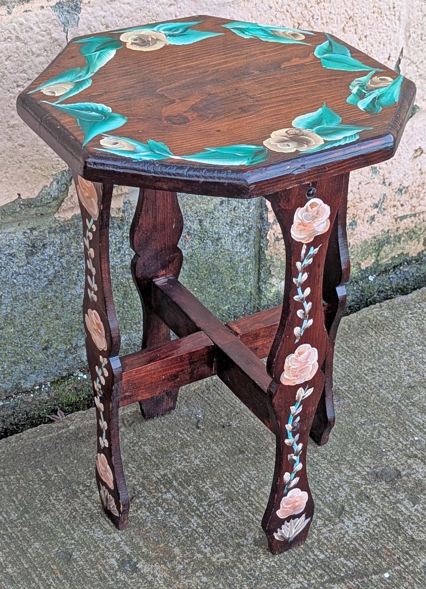 Antique Vintage Old Reclaimed Handmade Handcrafted Solid Wood Wooden Octagon Octagonal Floral Painted Lamp End Side Accent Table Plant Stand Stool Arts & Crafts Mission Style