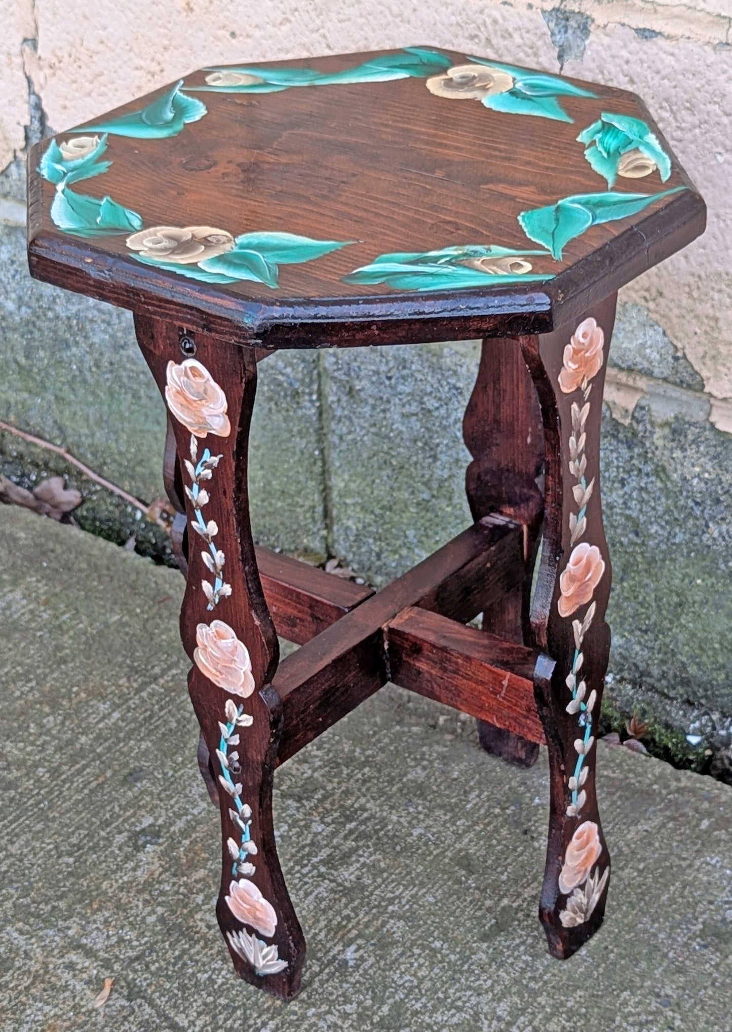 Antique Vintage Old Reclaimed Handmade Handcrafted Solid Wood Wooden Octagon Octagonal Floral Painted Lamp End Side Accent Table Plant Stand Stool Arts & Crafts Mission Style