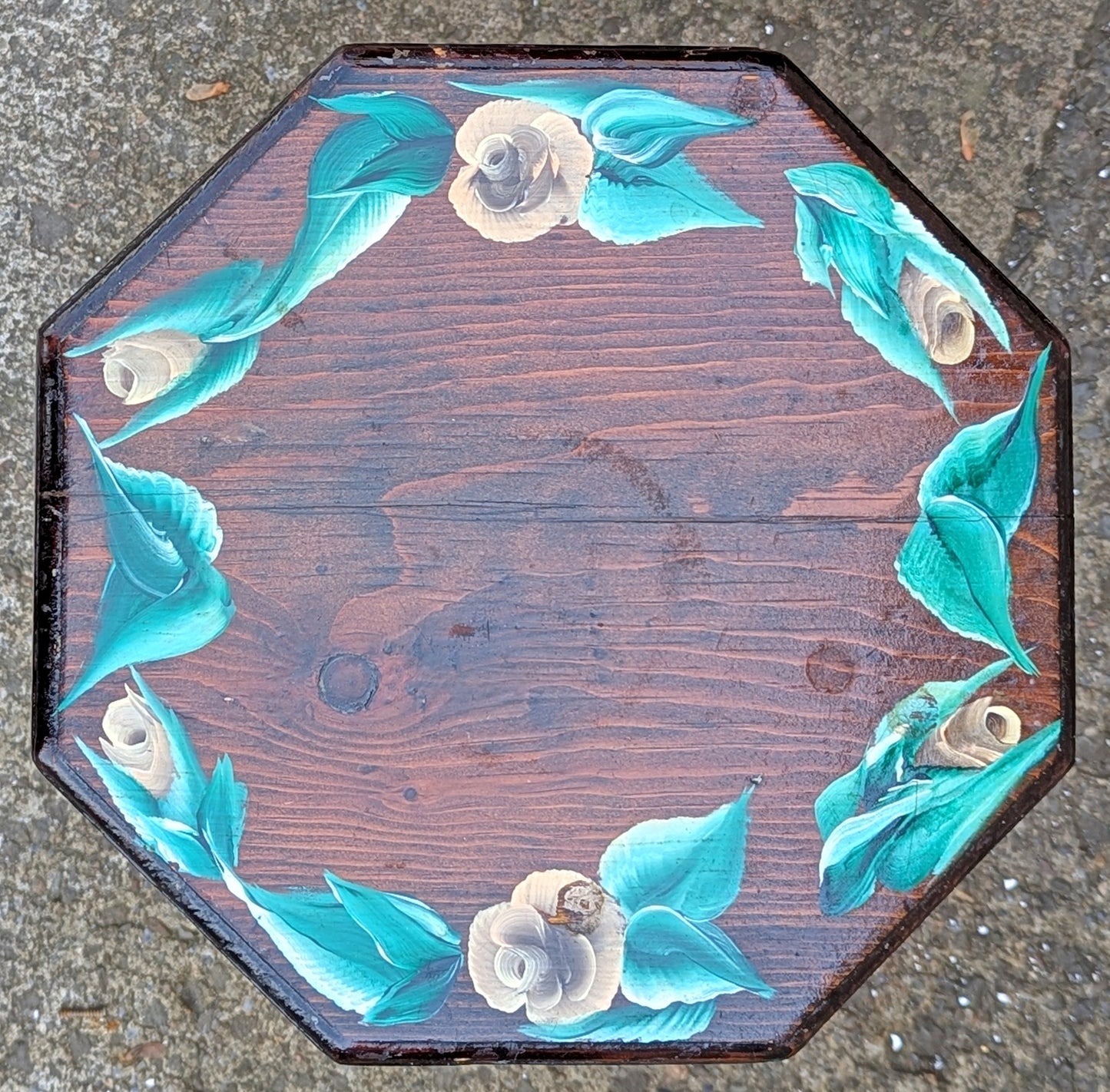 Antique Vintage Old Reclaimed Handmade Handcrafted Solid Wood Wooden Octagon Octagonal Floral Painted Lamp End Side Accent Table Plant Stand Stool Arts & Crafts Mission Style