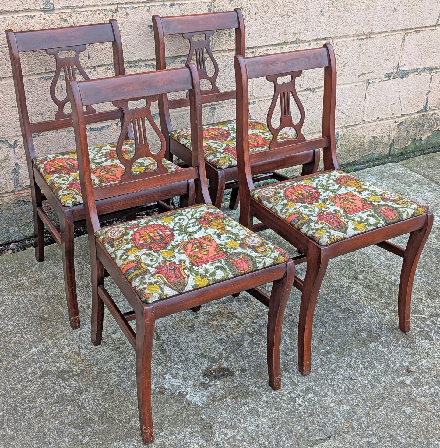 Set of 4 Antique Vintage Old Reclaimed Salvaged Lyre Back SOLID Mahogany Wood Wooden Dining Side Accent Chairs Nautical Fabric Seats