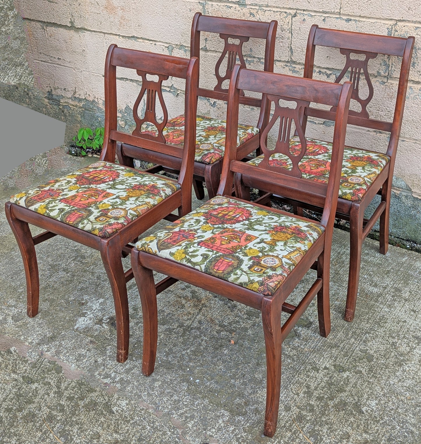 Set of 4 Antique Vintage Old Reclaimed Salvaged Lyre Back SOLID Mahogany Wood Wooden Dining Side Accent Chairs Nautical Fabric Seats