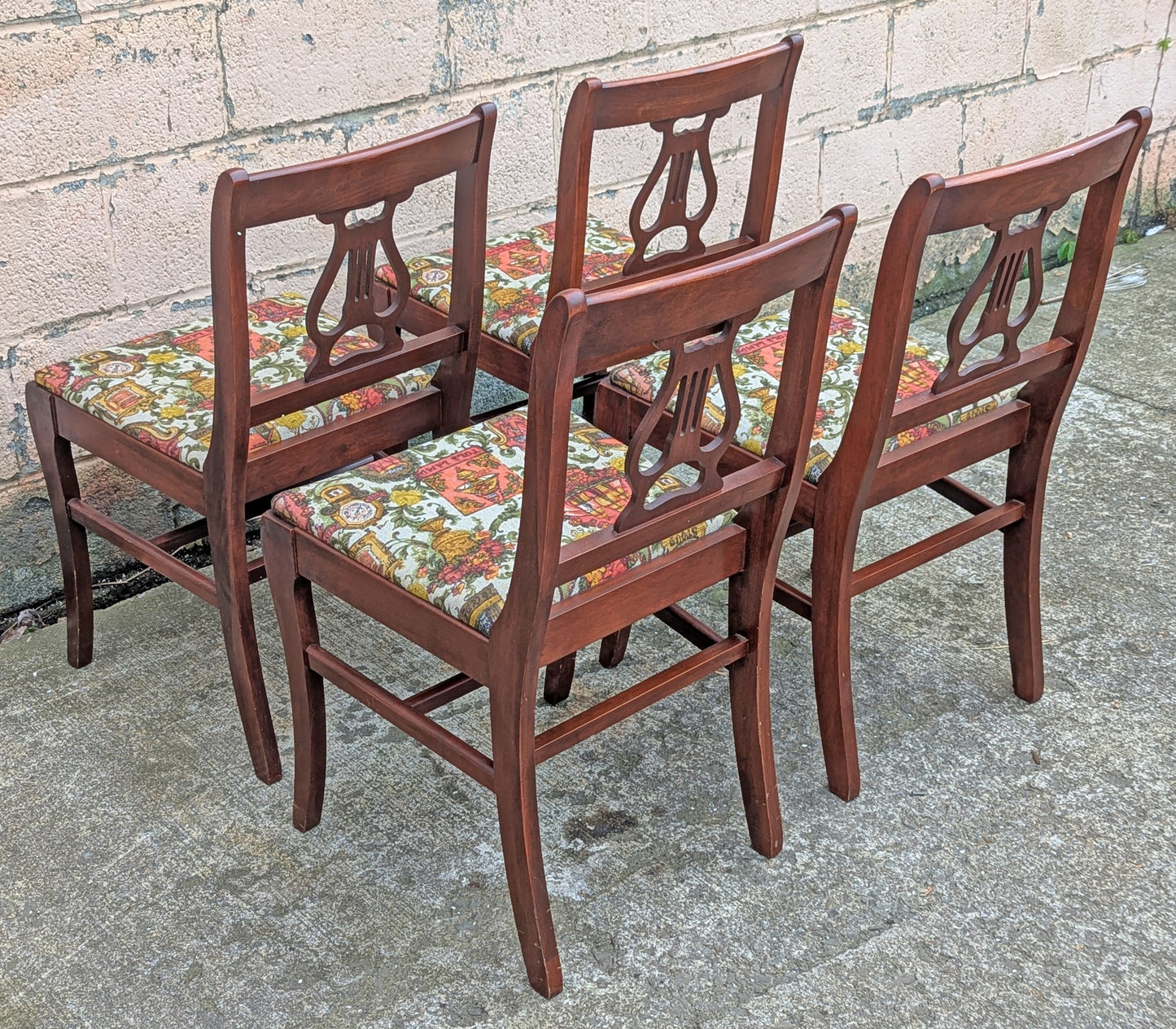 Set of 4 Antique Vintage Old Reclaimed Salvaged Lyre Back SOLID Mahogany Wood Wooden Dining Side Accent Chairs Nautical Fabric Seats
