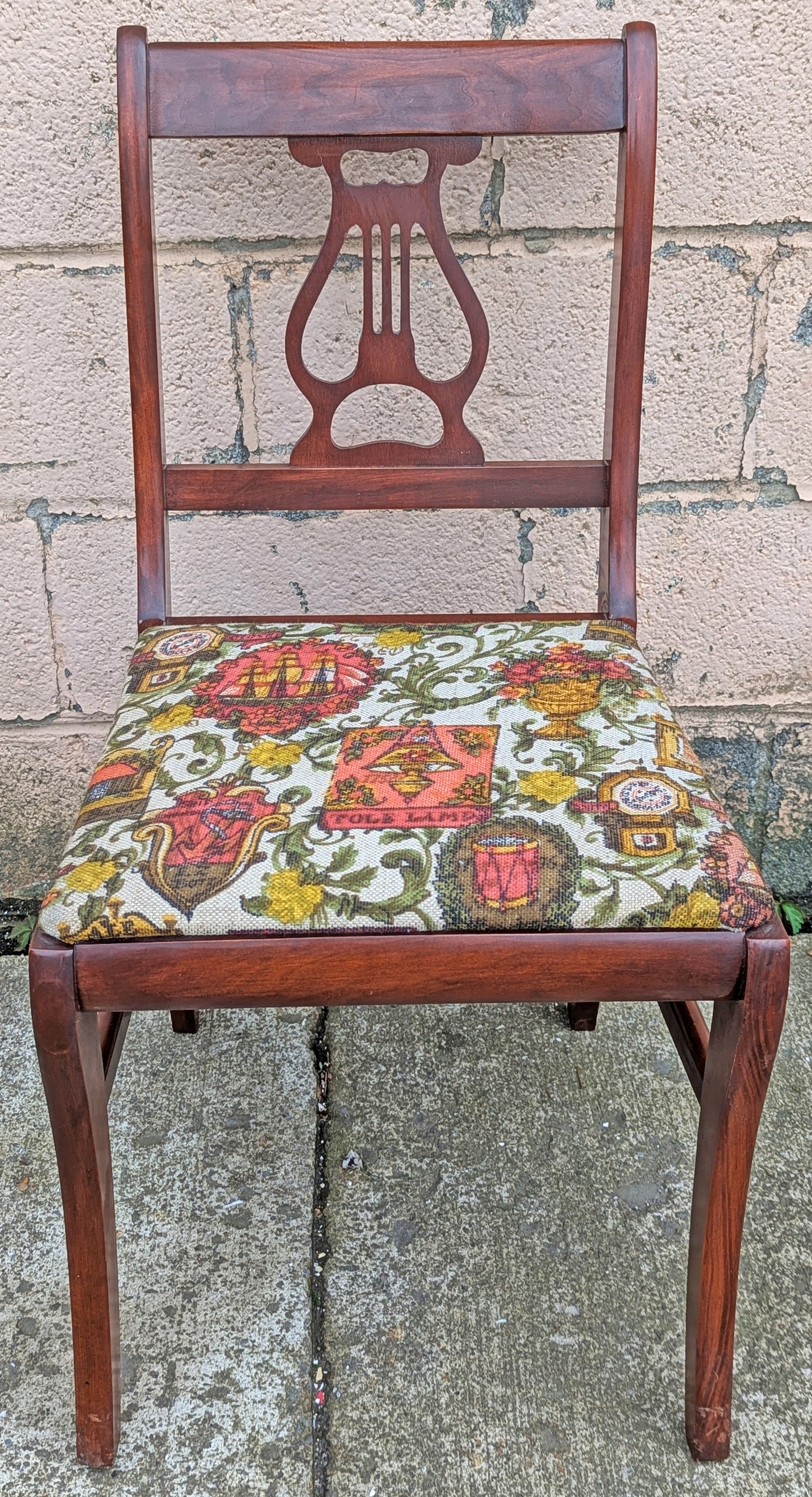Set of 4 Antique Vintage Old Reclaimed Salvaged Lyre Back SOLID Mahogany Wood Wooden Dining Side Accent Chairs Nautical Fabric Seats