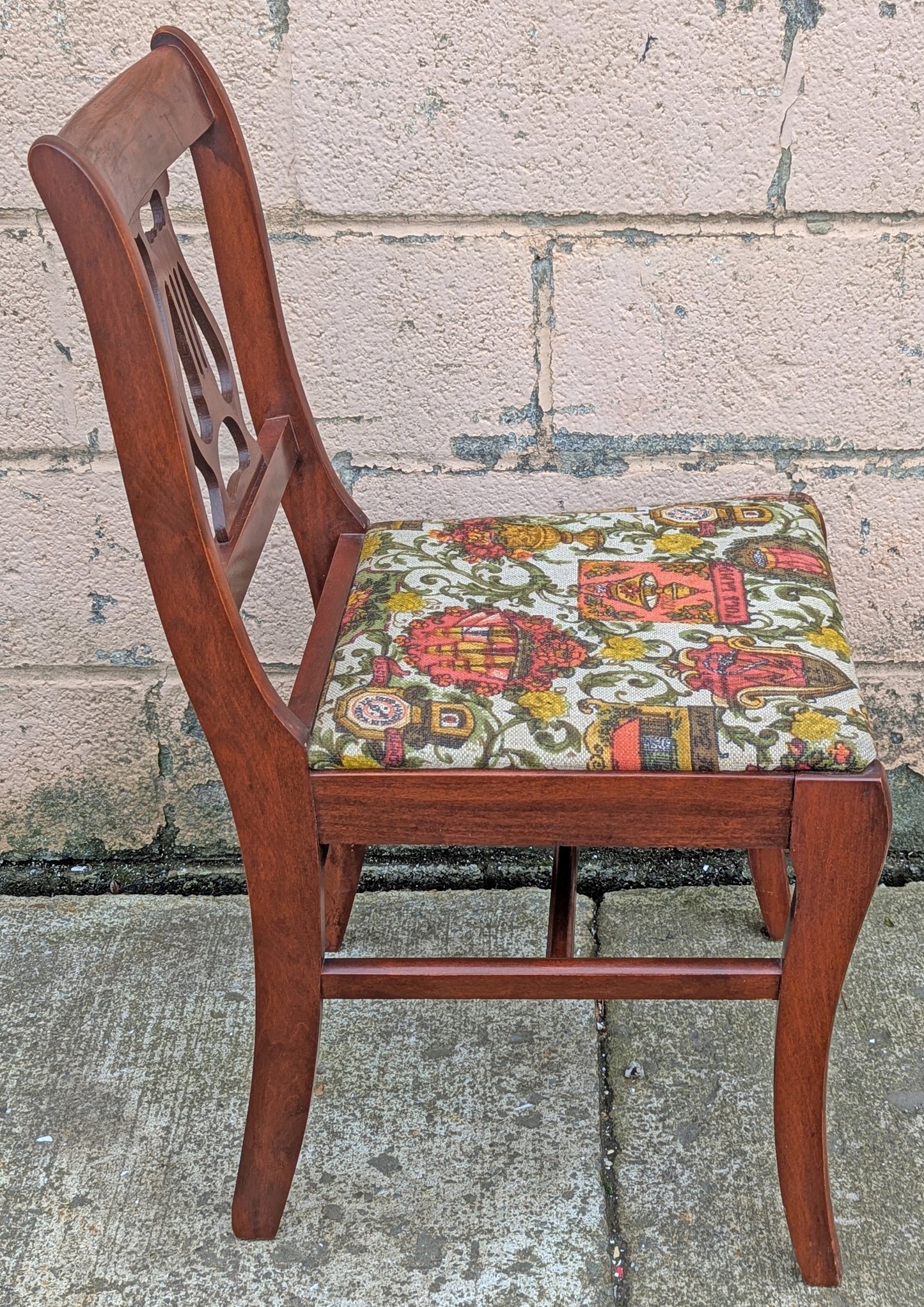 Set of 4 Antique Vintage Old Reclaimed Salvaged Lyre Back SOLID Mahogany Wood Wooden Dining Side Accent Chairs Nautical Fabric Seats
