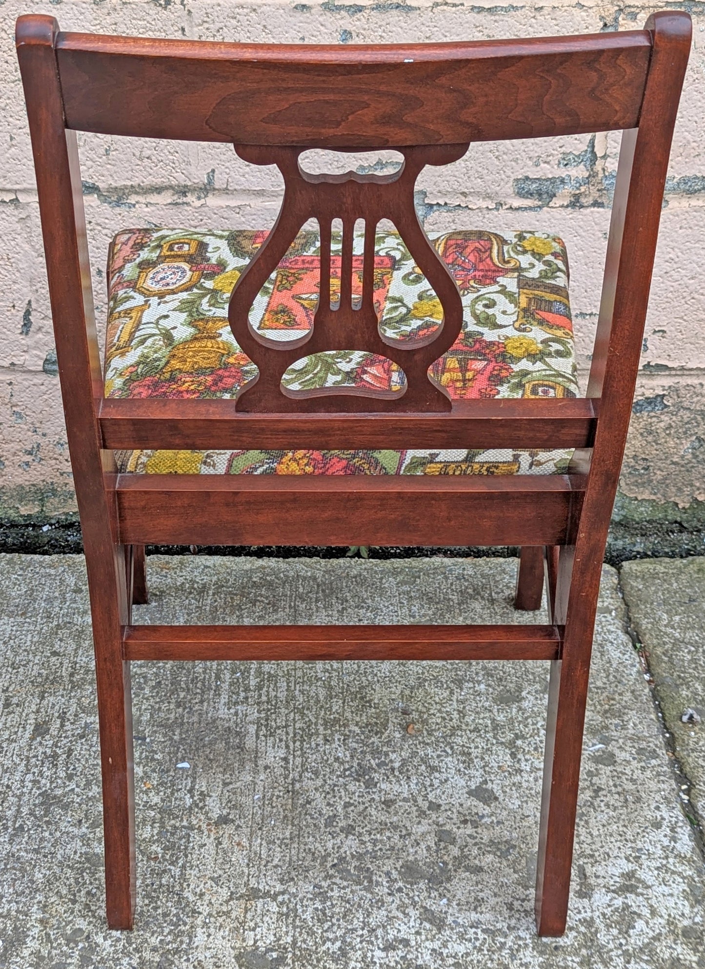 Set of 4 Antique Vintage Old Reclaimed Salvaged Lyre Back SOLID Mahogany Wood Wooden Dining Side Accent Chairs Nautical Fabric Seats