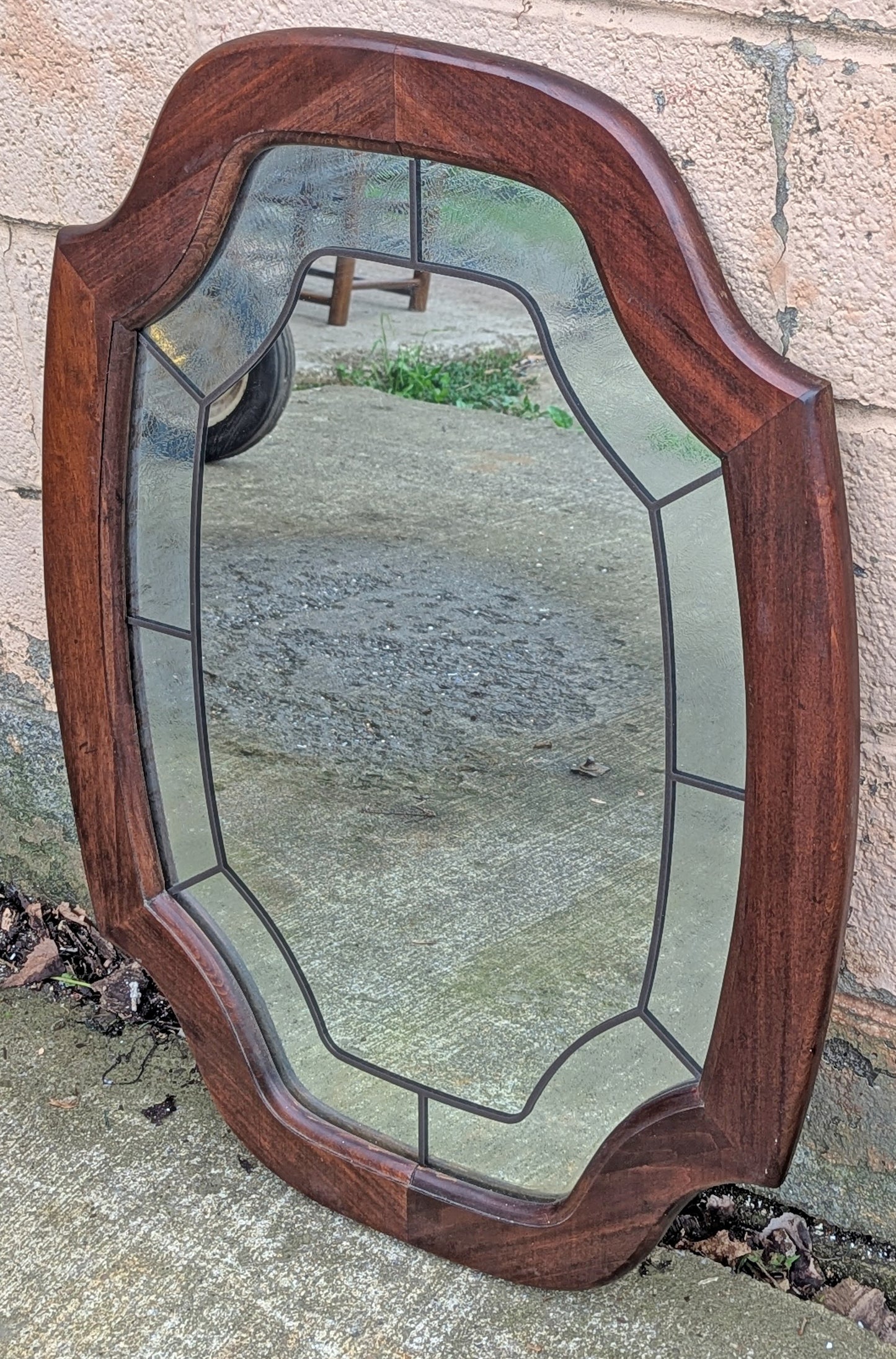 Vintage Antique Old Reclaimed Salvaged Solid Wood Wooden Oval Curved Serpentine Wall Mounted Mount Mirror Textured Glass Ornate Decorative
