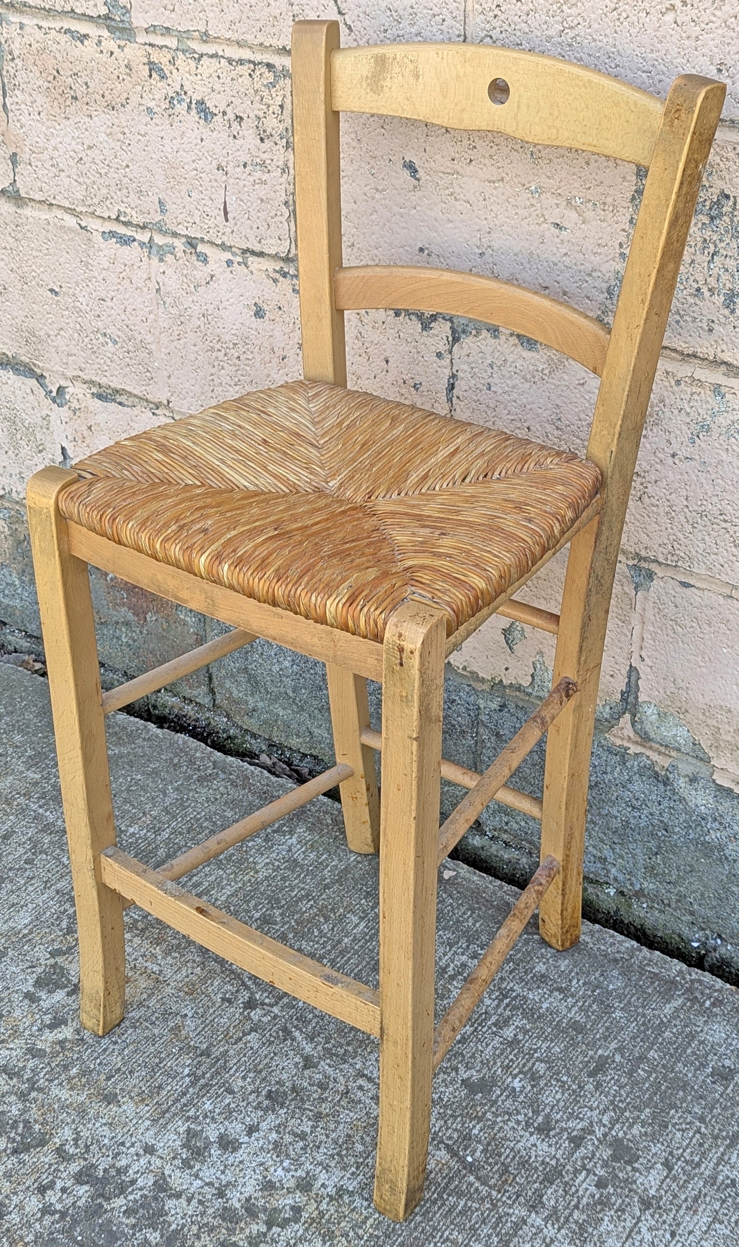 Vintage Antique Old Reclaimed Salvaged SOLID Wood Wooden Dining Accent Side Bar High Rattan Seagrass Chair Seat