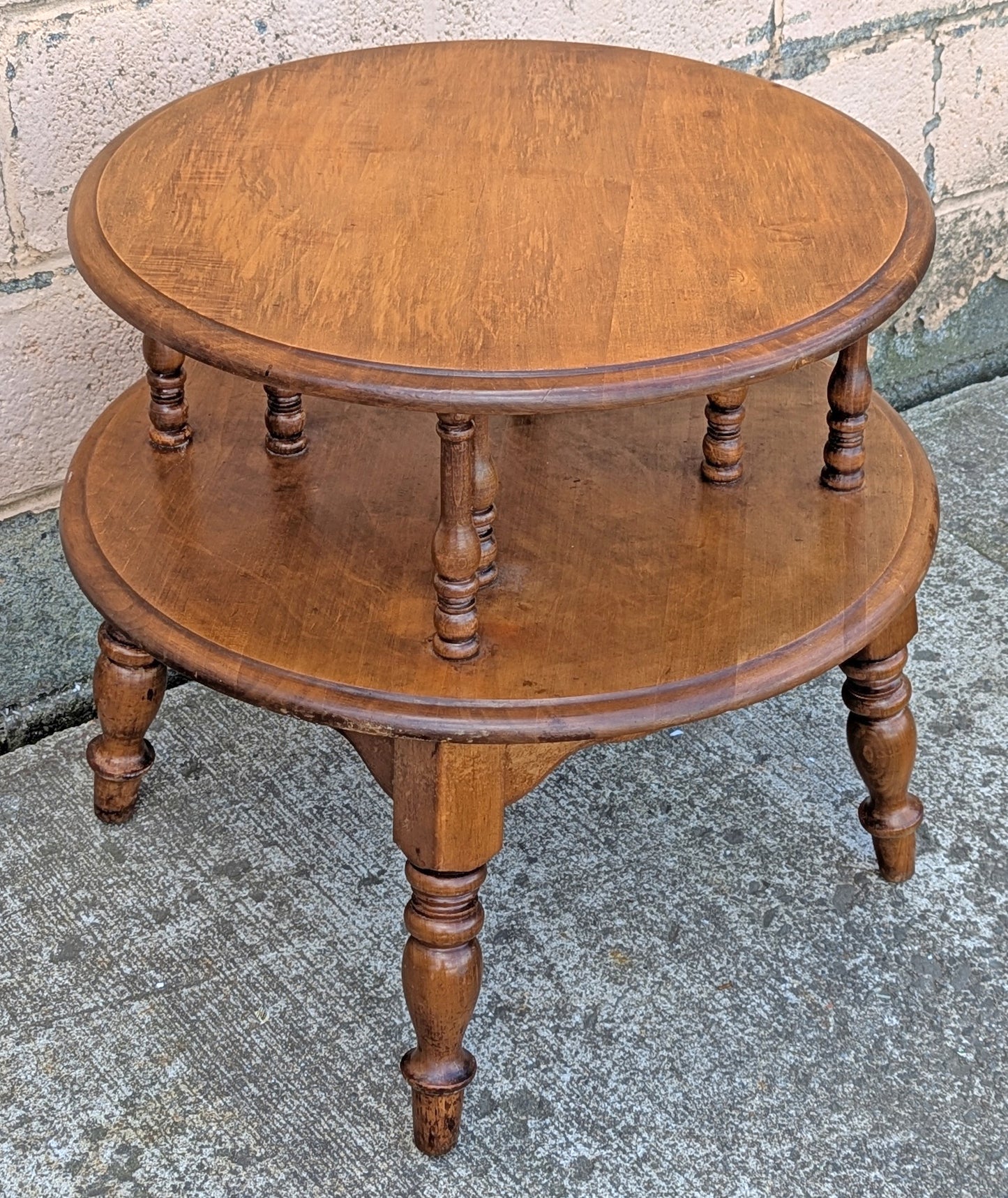 Vintage Antique Old Reclaimed Salvaged SOLID Wood Wooden 2 TIER Coffee Sofa Accent Table Round Circle Circular