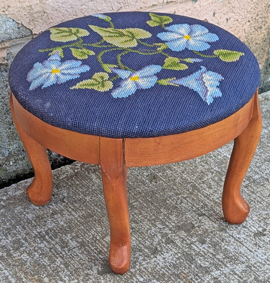 Vintage Antique Old Reclaimed Salvaged SOLID Wood Wooden Kneeling Bench Foot Stool Ottoman Stand Seat Blue Floral Morning Glory Fabric