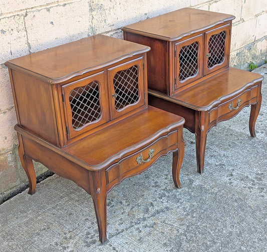 Pair of Vintage Antique Old French Revival Provincial SOLID Wooden Wood & Formica Wooden 2 Tier End Side Accent Lamp Tables Nightstand Shelf
