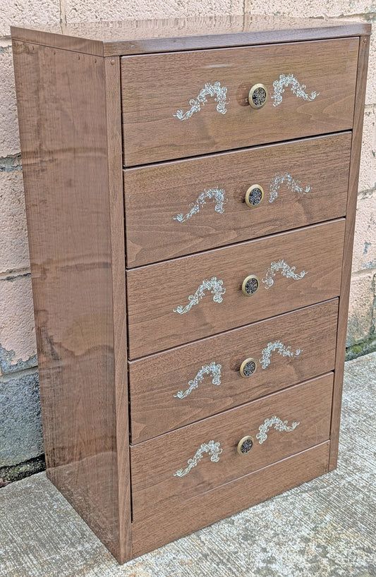 Vintage Antique Old Reclaimed Salvaged Mid Century Modern MCM Art Deco Steel Metal Bedroom Dresser Chest Highboy 5 Drawer