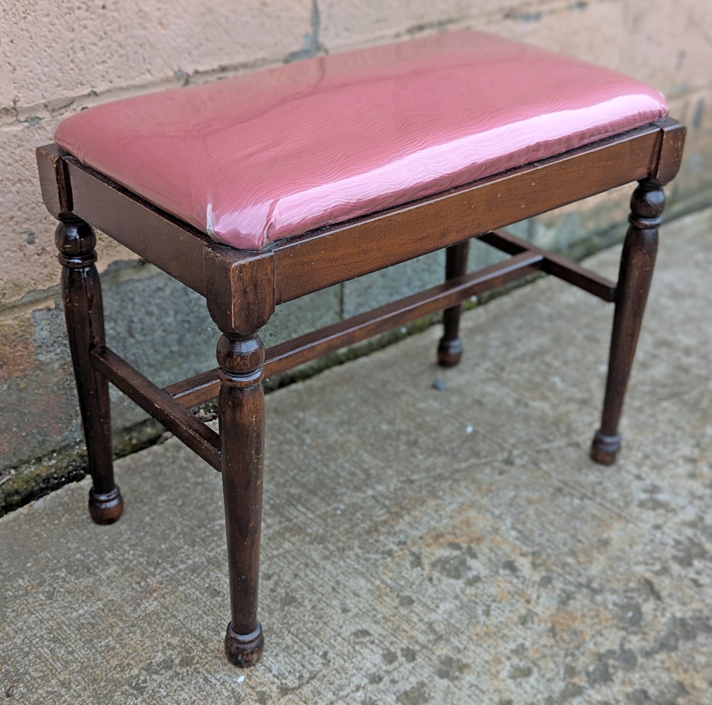 Antique Vintage Old Victorian SOLID Wood Wooden Piano Kneeling Bench Foot Stool Ottoman Plant Stand Pink Fabric