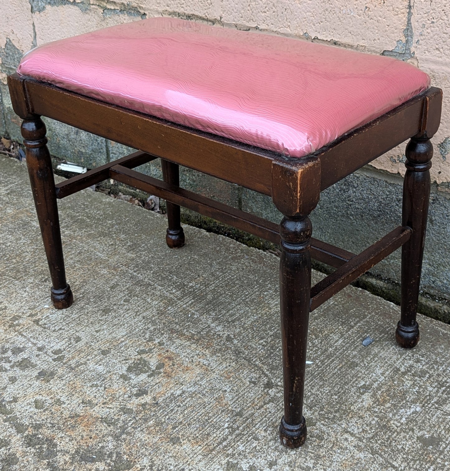 Antique Vintage Old Victorian SOLID Wood Wooden Piano Kneeling Bench Foot Stool Ottoman Plant Stand Pink Fabric