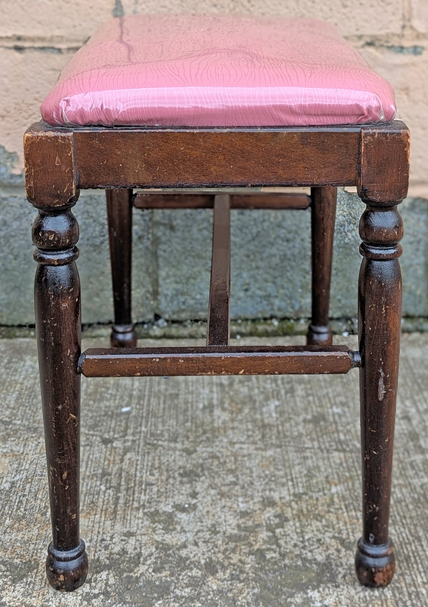 Antique Vintage Old Victorian SOLID Wood Wooden Piano Kneeling Bench Foot Stool Ottoman Plant Stand Pink Fabric