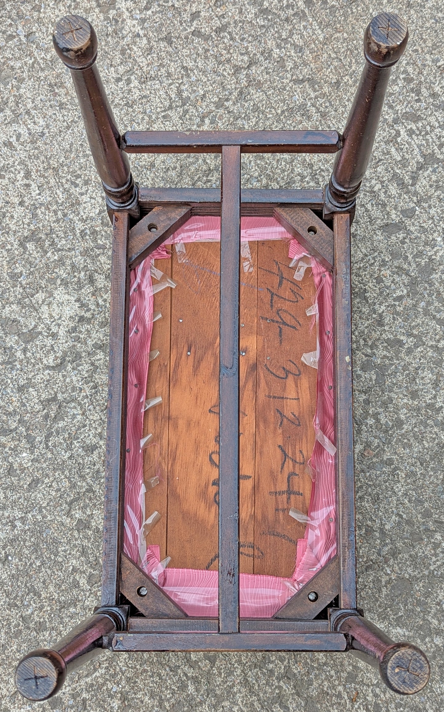 Antique Vintage Old Victorian SOLID Wood Wooden Piano Kneeling Bench Foot Stool Ottoman Plant Stand Pink Fabric
