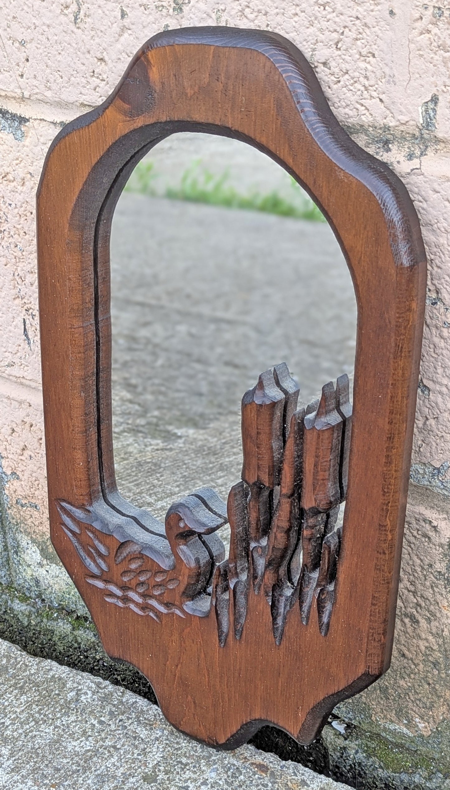 Small Vintage Antique Old Reclaimed Salvaged Solid Wood Wooden Oval Curved Wall Mounted Mount Accent Bathroom Mirror Glass Ornate Decorative
