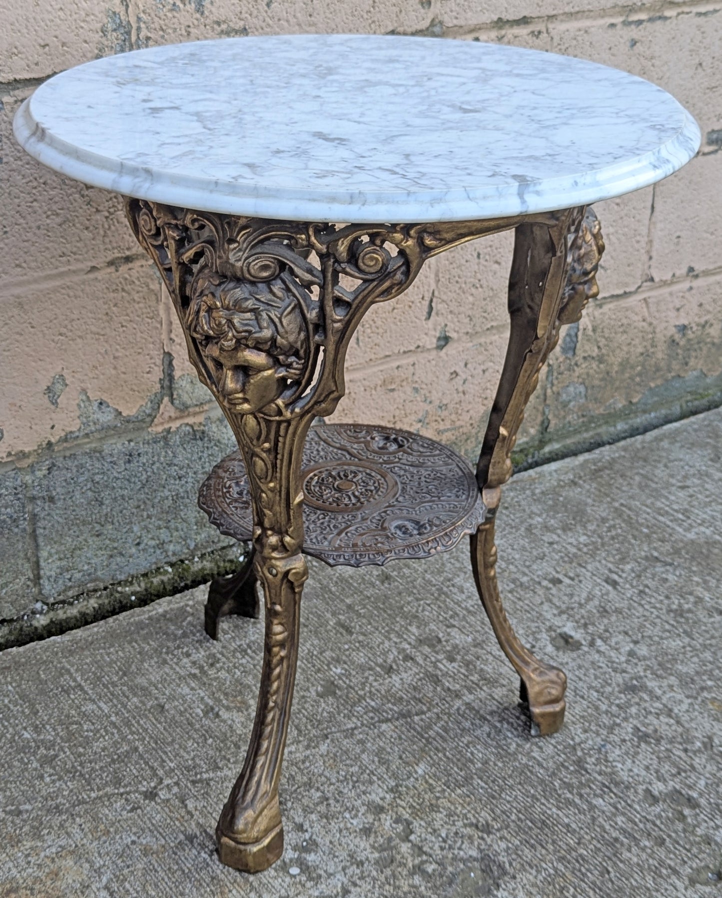 Vintage Antique Old Reclaimed Salvaged Circular Neo Classical Marble Top Metal Brass 2 Tier End Side Accent Sofa Lamp Table Plant Stand