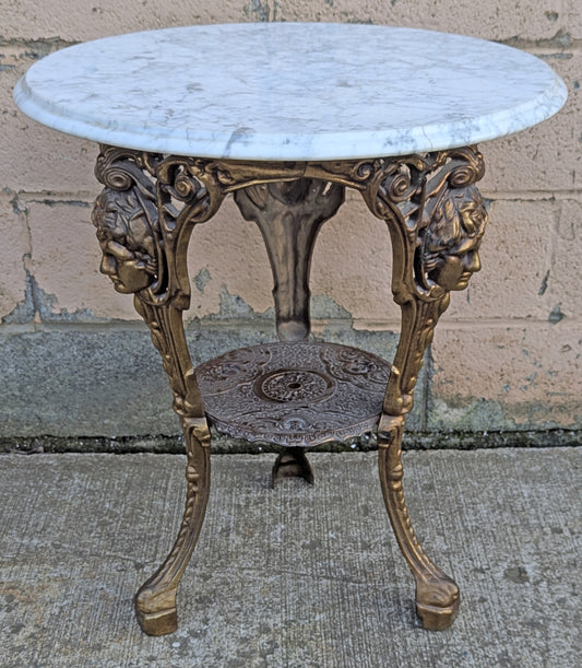 Vintage Antique Old Reclaimed Salvaged Circular Neo Classical Marble Top Metal Brass 2 Tier End Side Accent Sofa Lamp Table Plant Stand