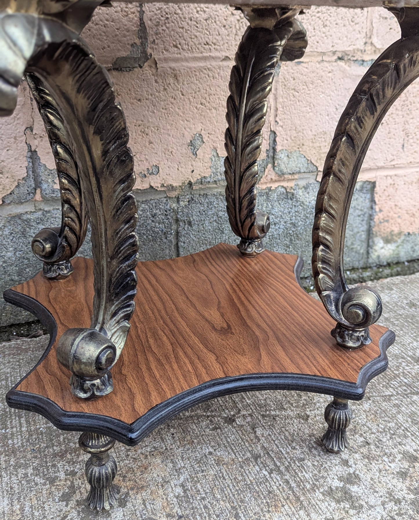 Vintage Antique Old Reclaimed Salvaged Octagonal Marble Top Metal Wood 2 Tier End Side Accent Sofa Lamp Table Plant Stand