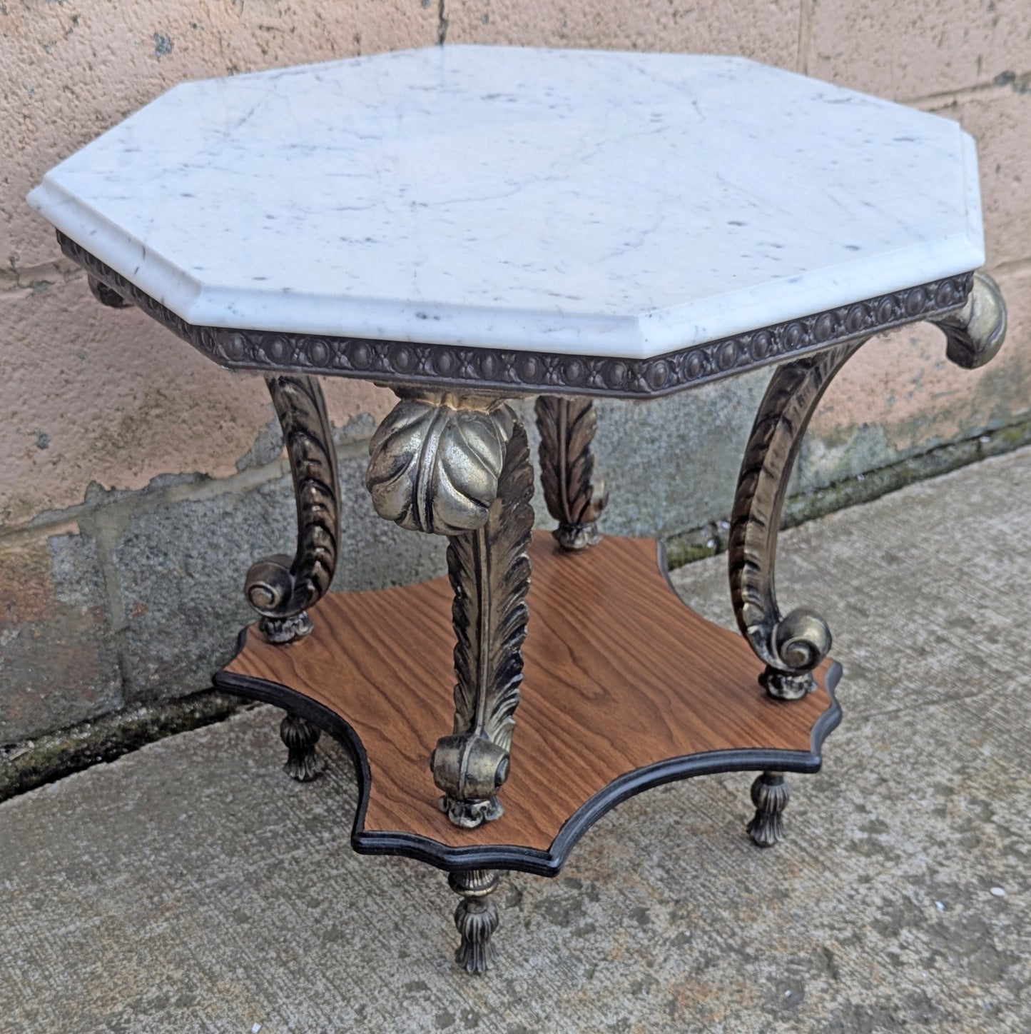 Vintage Antique Old Reclaimed Salvaged Octagonal Marble Top Metal Wood 2 Tier End Side Accent Sofa Lamp Table Plant Stand