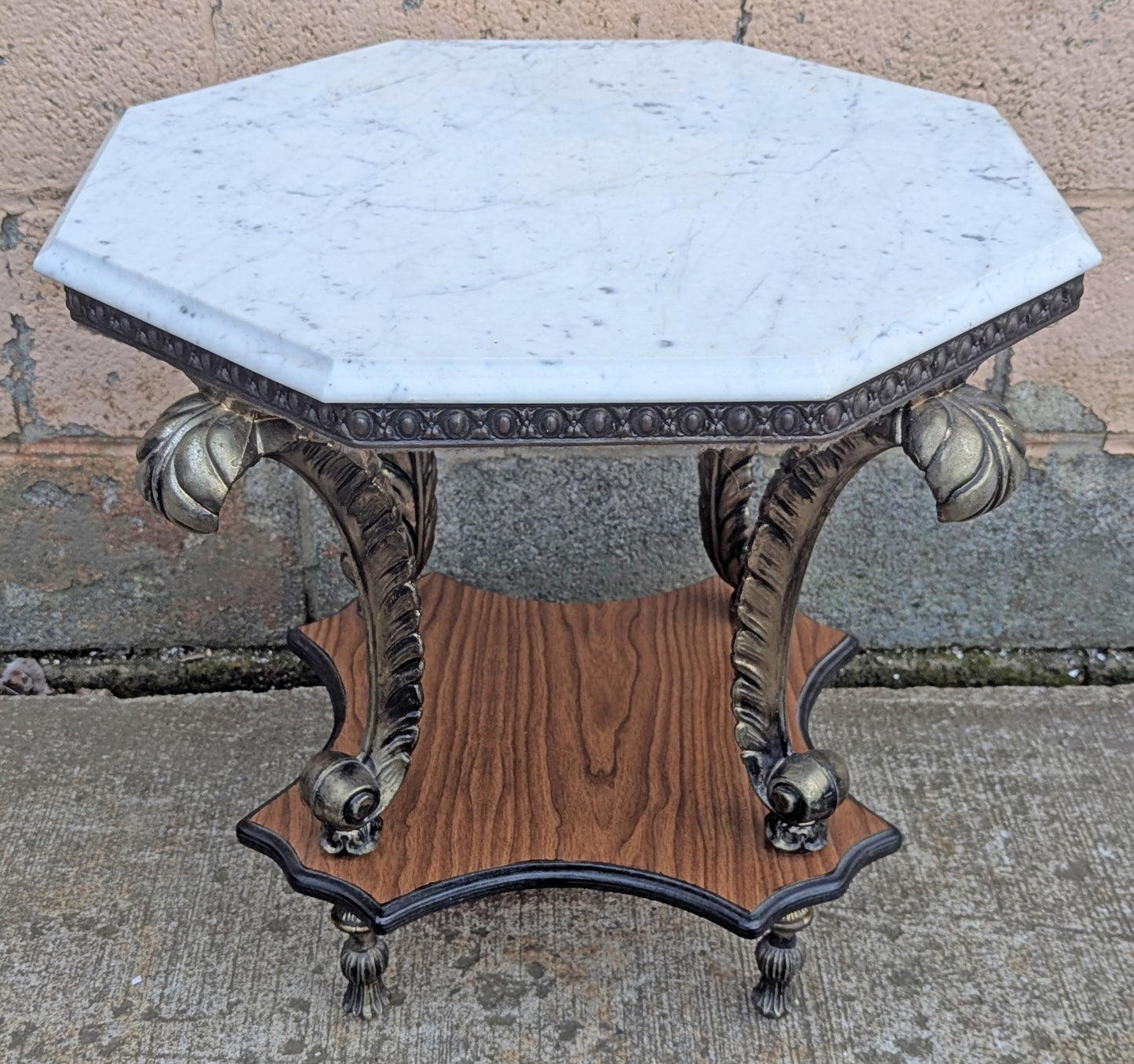 Vintage Antique Old Reclaimed Salvaged Octagonal Marble Top Metal Wood 2 Tier End Side Accent Sofa Lamp Table Plant Stand