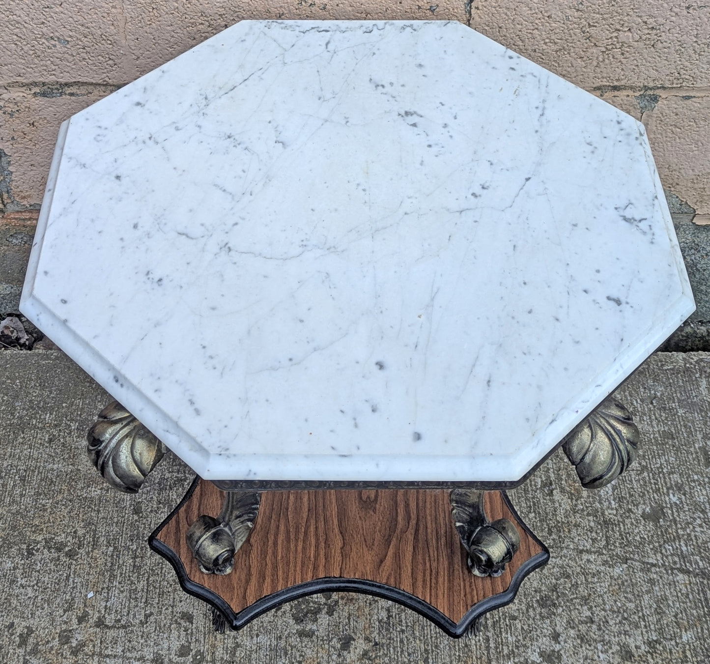 Vintage Antique Old Reclaimed Salvaged Octagonal Marble Top Metal Wood 2 Tier End Side Accent Sofa Lamp Table Plant Stand