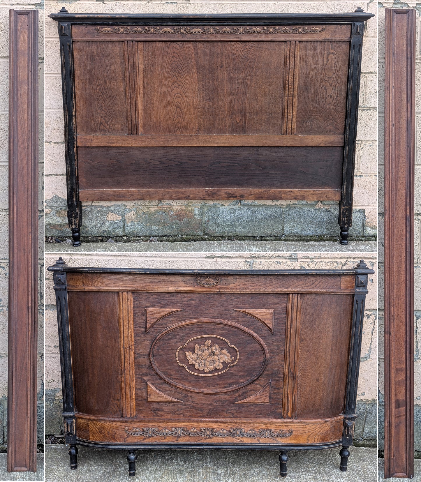 Antique Vintage Old Reclaimed Salvaged SOLID Oak Wood Wooden Edwardian Style Bowed Curved Front Full Size Bed Frames Head Foot Board Rail Set
