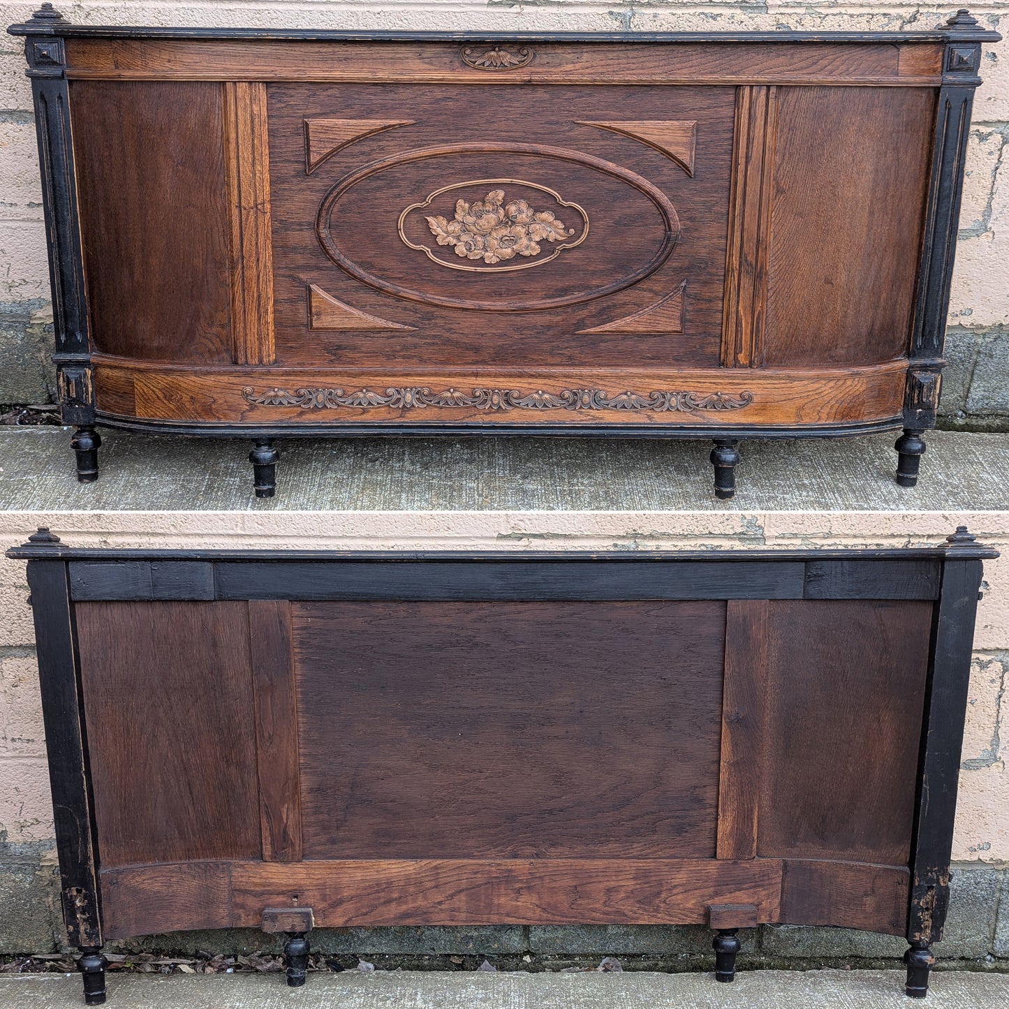 Antique Vintage Old Reclaimed Salvaged SOLID Oak Wood Wooden Edwardian Style Bowed Curved Front Full Size Bed Frames Head Foot Board Rail Set