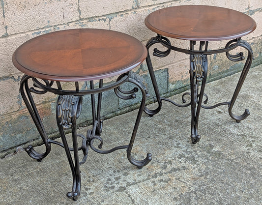Pair Vintage Old Reclaimed Salvaged Victorian Circular Round Circle Cherry Wood Wooden Metal Steel Frame End Side Bed Table Nightstand Stand