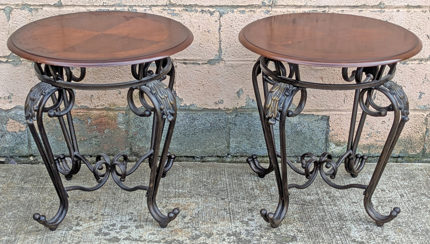 Pair Vintage Old Reclaimed Salvaged Victorian Circular Round Circle Cherry Wood Wooden Metal Steel Frame End Side Bed Table Nightstand Stand