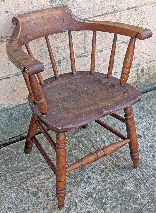Antique Vintage Old Reclaimed Salvaged SOLID Wood Wooden Captain Smoker Pub Barrel Side Dining Accent Desk Arm Chair Armchair Spindle Back