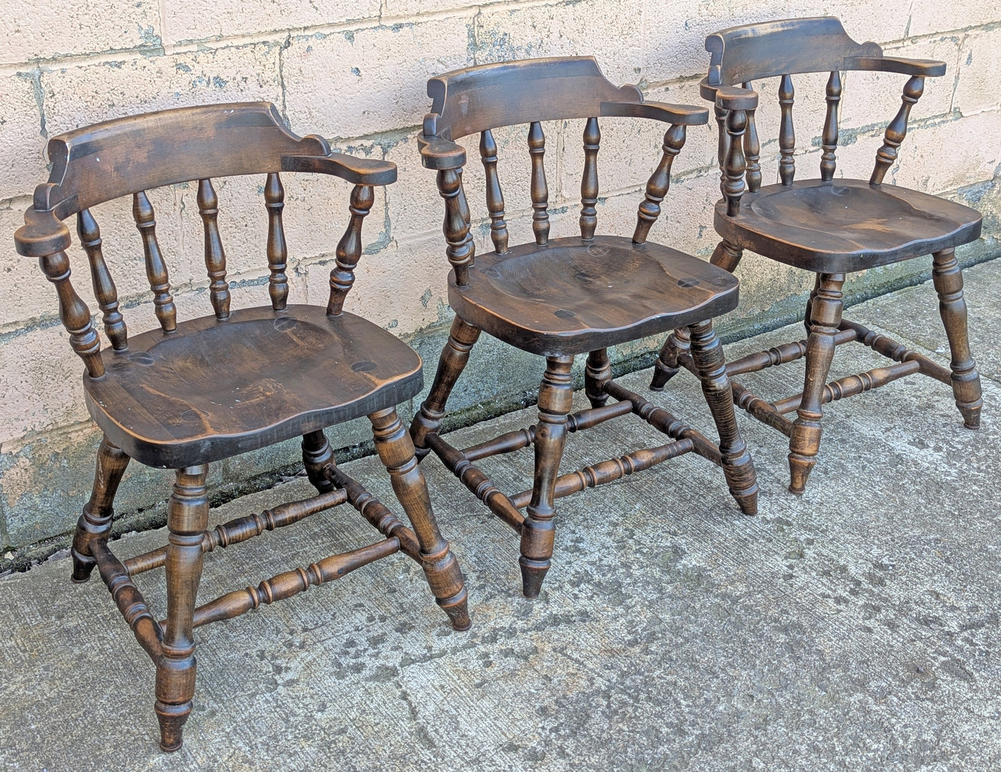 Set of 3 Vintage Antique Old Reclaimed Salvaged Hale Solid Maple Wood Wooden Captain Navigator Pub Dining Side Accent Arm Chair Armchair