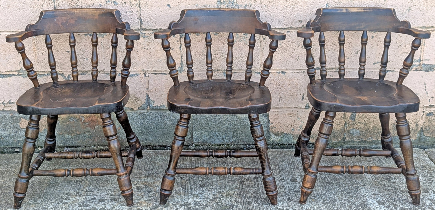 Set of 3 Vintage Antique Old Reclaimed Salvaged Hale Solid Maple Wood Wooden Captain Navigator Pub Dining Side Accent Arm Chair Armchair