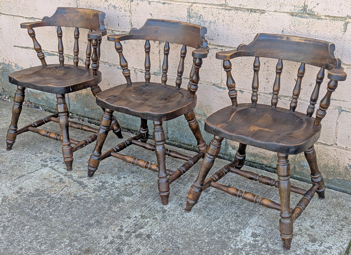Set of 3 Vintage Antique Old Reclaimed Salvaged Hale Solid Maple Wood Wooden Captain Navigator Pub Dining Side Accent Arm Chair Armchair
