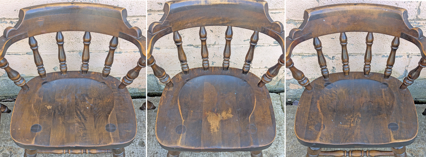 Set of 3 Vintage Antique Old Reclaimed Salvaged Hale Solid Maple Wood Wooden Captain Navigator Pub Dining Side Accent Arm Chair Armchair