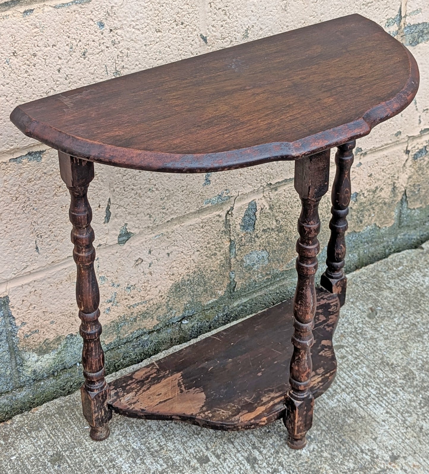 Antique Vintage Old DISTRESSED Salvaged Victorian Solid Wood Wooden Console Half Round Semi Circle Lamp End Side Pedestal Table Plant Stand