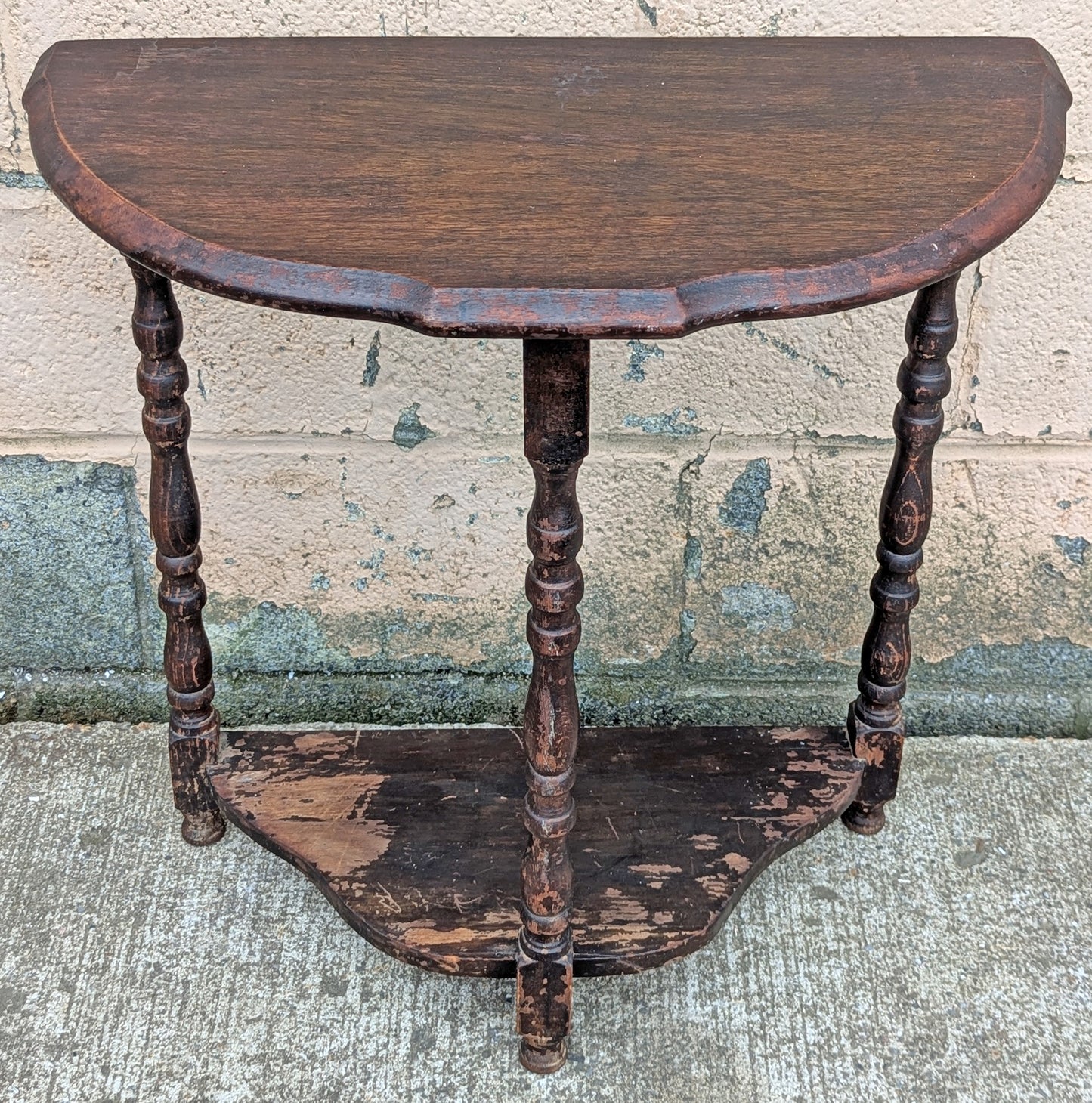 Antique Vintage Old DISTRESSED Salvaged Victorian Solid Wood Wooden Console Half Round Semi Circle Lamp End Side Pedestal Table Plant Stand