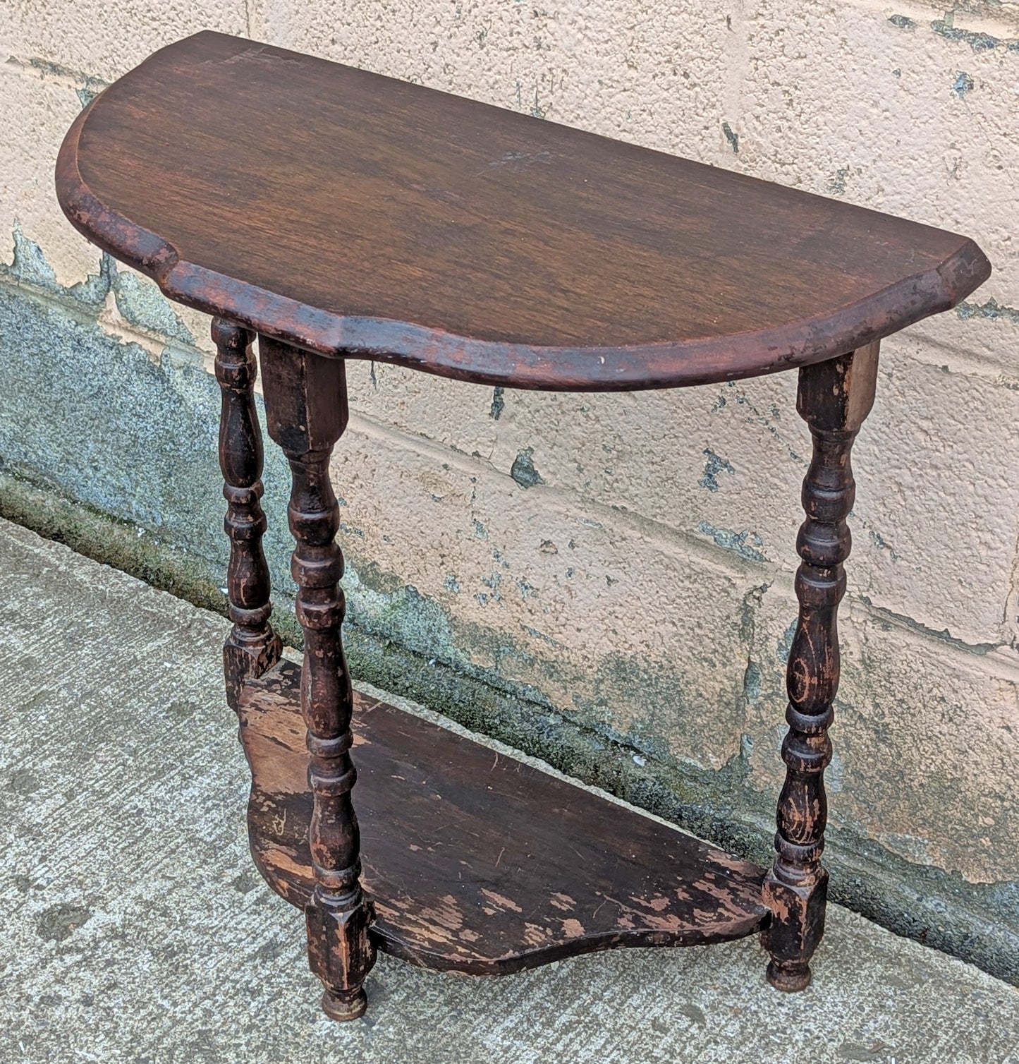 Antique Vintage Old DISTRESSED Salvaged Victorian Solid Wood Wooden Console Half Round Semi Circle Lamp End Side Pedestal Table Plant Stand